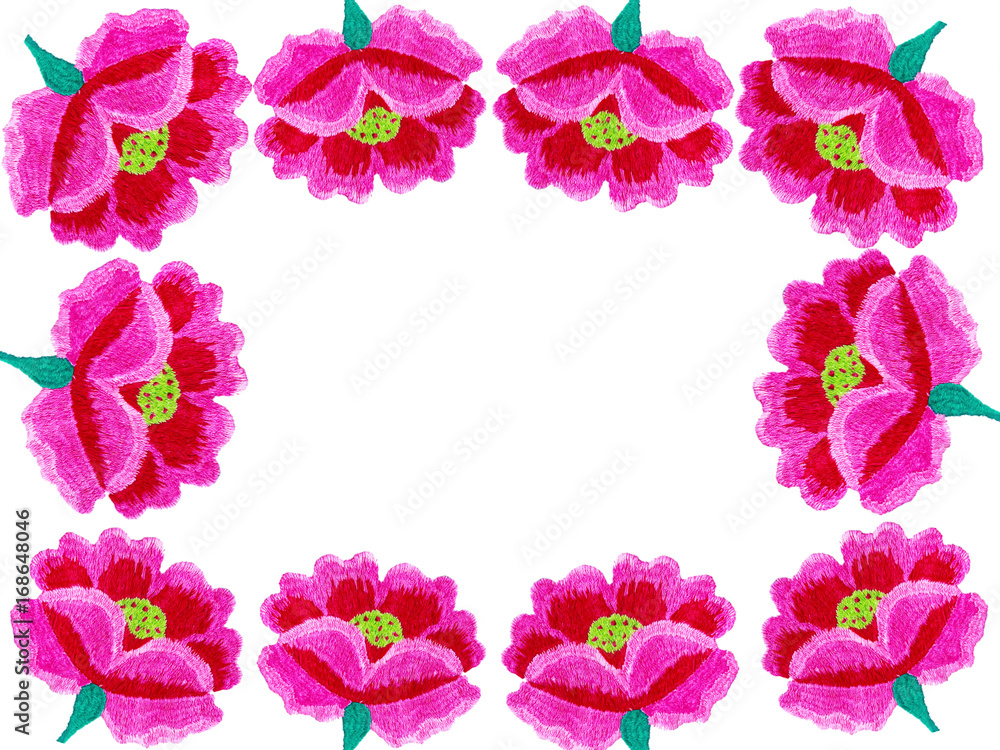 Embroidery pattern of flowers handmade smooth thread threads mulberry frame on white background isolate with copy space flat view from above