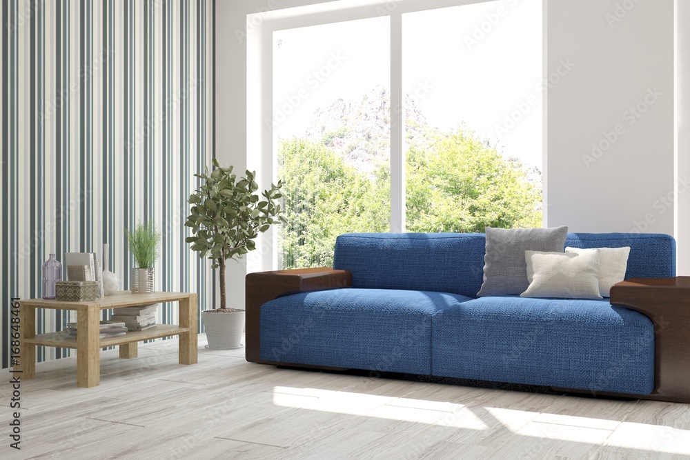 Idea of white room with sofa and summer landscape in window. Scandinavian interior design. 3D illustration Idea of white room with sofa and summer landscape in window. Scandinavian interior design. 3D illustration