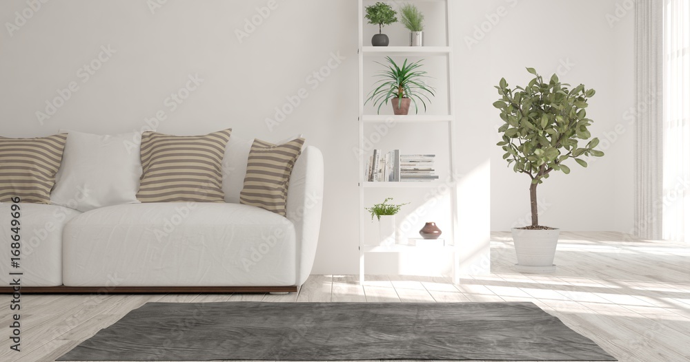 White modern room with sofa. Scandinavian interior design. 3D illustration White modern room with sofa. Scandinavian interior design. 3D illustration