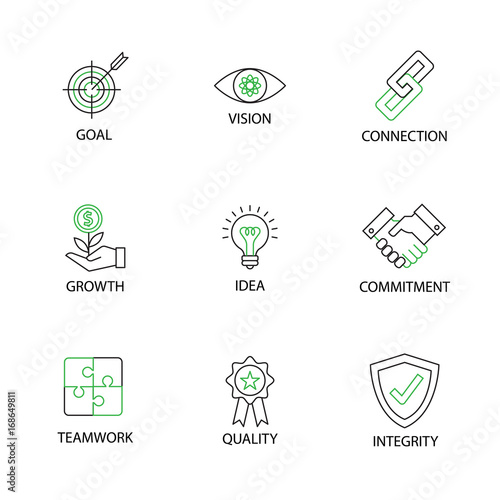 Modern Flat thin line Icon Set in Business Core Values with word Key Goal,Vision,Connection,Growth,Idea,Commitment,Teamwork,Quality,Integrity.Editable Stroke.