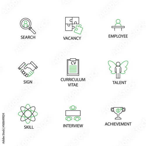 Modern Flat thin line Icon Set in Concept of Human and Resource Management  with word Achievement,Vacancy,Skill,Curriculum Vitae,Sign,Talent,Employee,Interview,Search. Editable Stroke.