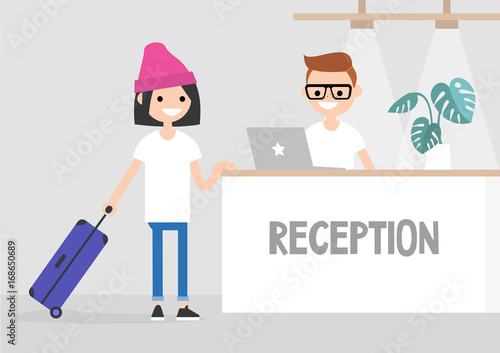 Check-in on a lobby counter in a hotel. Travel situation. Vacation. Flat editable vector illustration, clip art