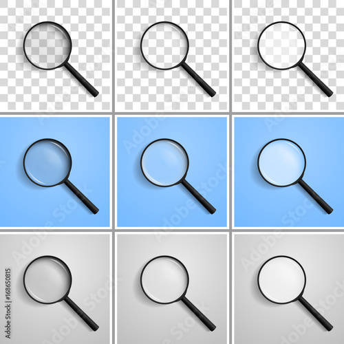 Realistic vector illustration of a magnifying glass at an angle of 45 degrees to the left with a different refraction
