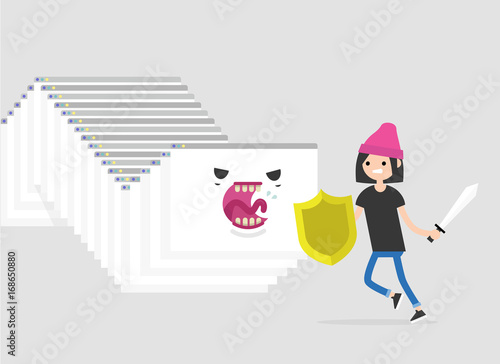 Internet monster. Hacker attack. Huge worm made of a cascade of browser windows attacking a character. Human vs computer / flat editable vector illustration, clip art