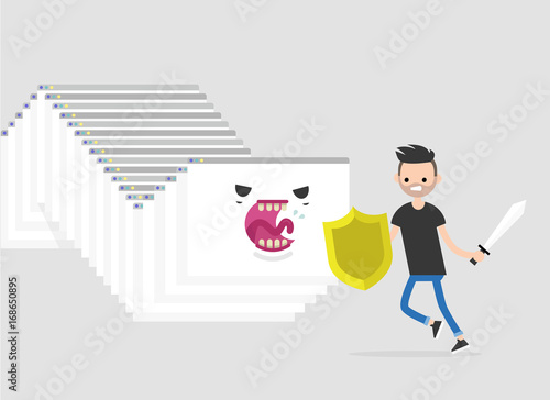 Internet monster. Hacker attack. Huge worm made of a cascade of browser windows attacking a character. Human vs computer / flat editable vector illustration, clip art