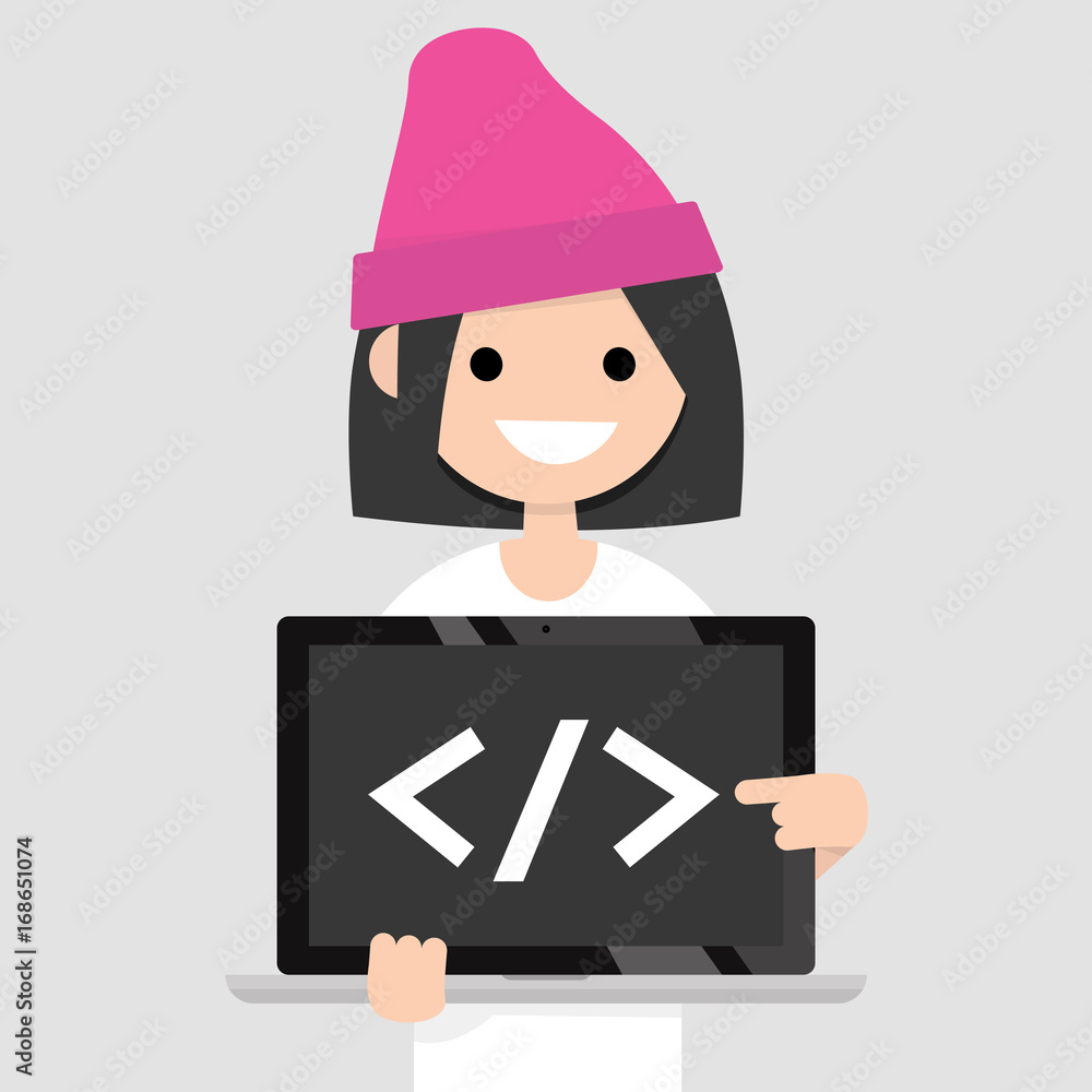 Young female programmer pointing on the closing bracket tag on a laptop screen / flat editable vector illustration, clip art