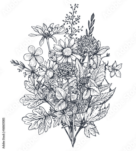 Vector floral bouquets with herbs and wildflowers.
