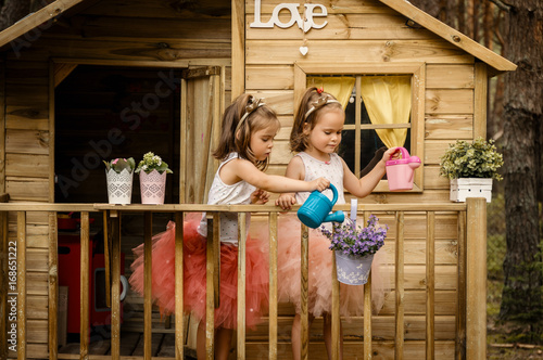 Two girls play with watering can in a tree house photo