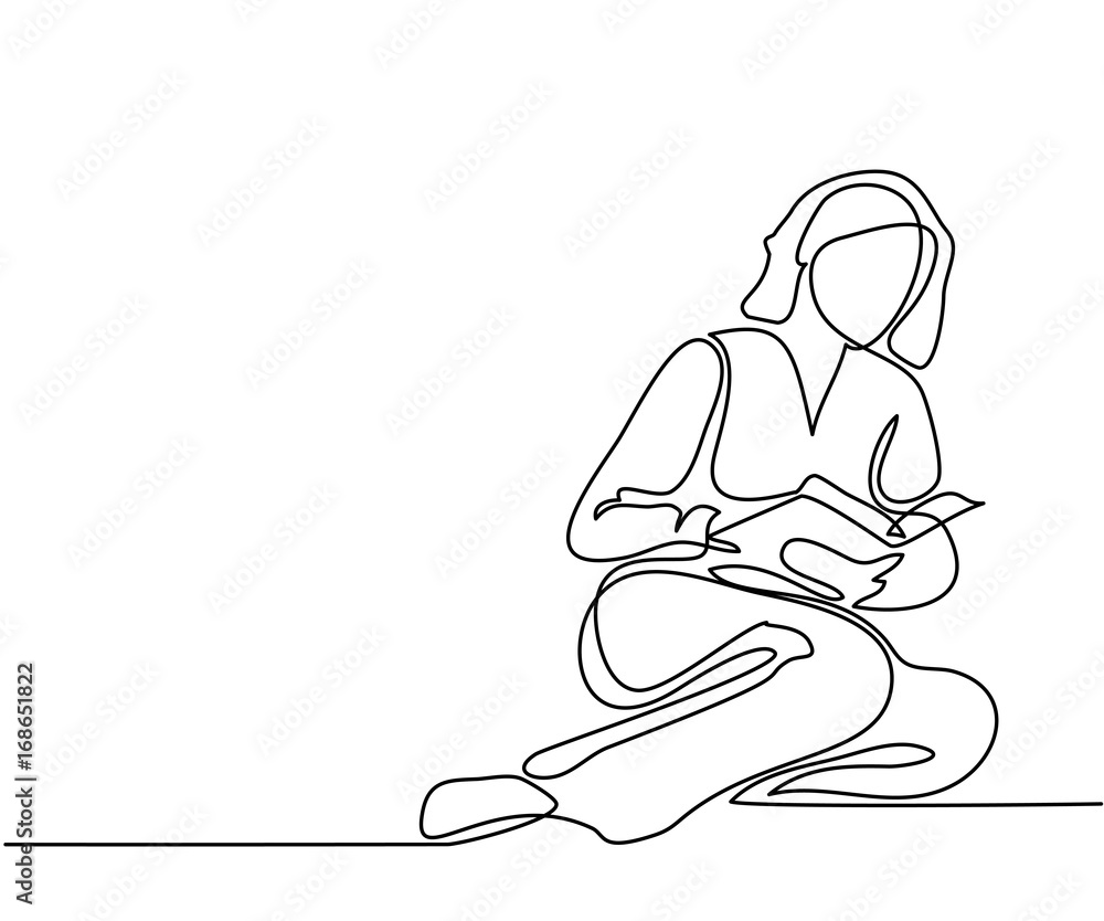 Continuous line drawing. Young woman sitting and reading book. Vector illustration Continuous line drawing. Young woman sitting and reading book. Vector illustration