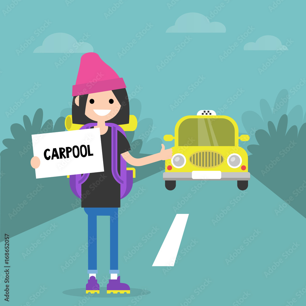 Young female character using a car sharing service. Carpool. Backpacker on a road. Flat editable vector illustration, clip art Young female character using a car sharing service. Carpool. Backpacker on a road. Flat editable vector illustration, clip art