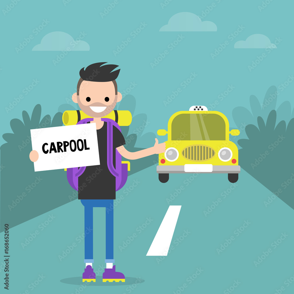 Young character using a car sharing service. Carpool. Backpacker on a road. Flat editable vector illustration, clip art Young character using a car sharing service. Carpool. Backpacker on a road. Flat editable vector illustration, clip art