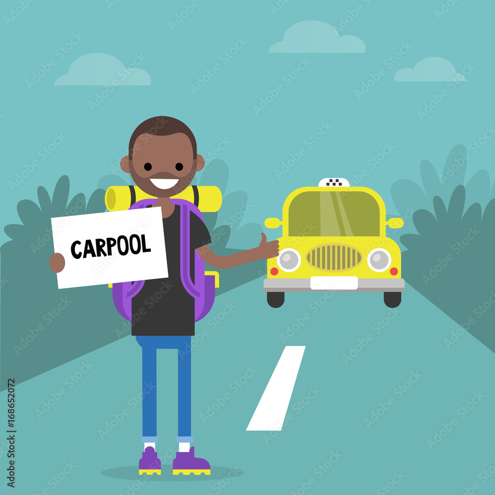 Young black character using a car sharing service. Carpool. Backpacker on a road. Flat editable vector illustration, clip art Young black character using a car sharing service. Carpool. Backpacker on a road. Flat editable vector illustration, clip art