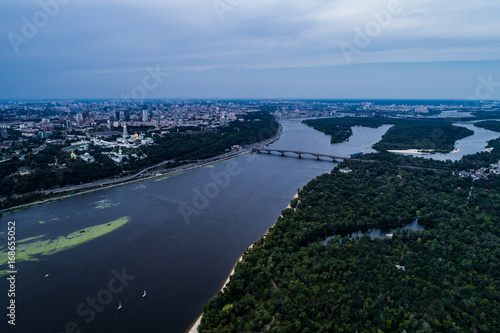 Panoramic view of Kiev Pechersk Lavra at spring. Aerial view. General view of the city and the Dnipro river.