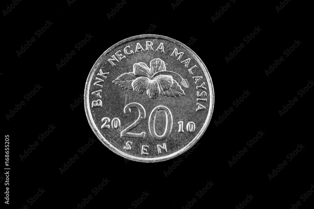 An extreme close up of an Malaysian twenty sen coin on a solid black background An extreme close up of an Malaysian twenty sen coin on a solid black background