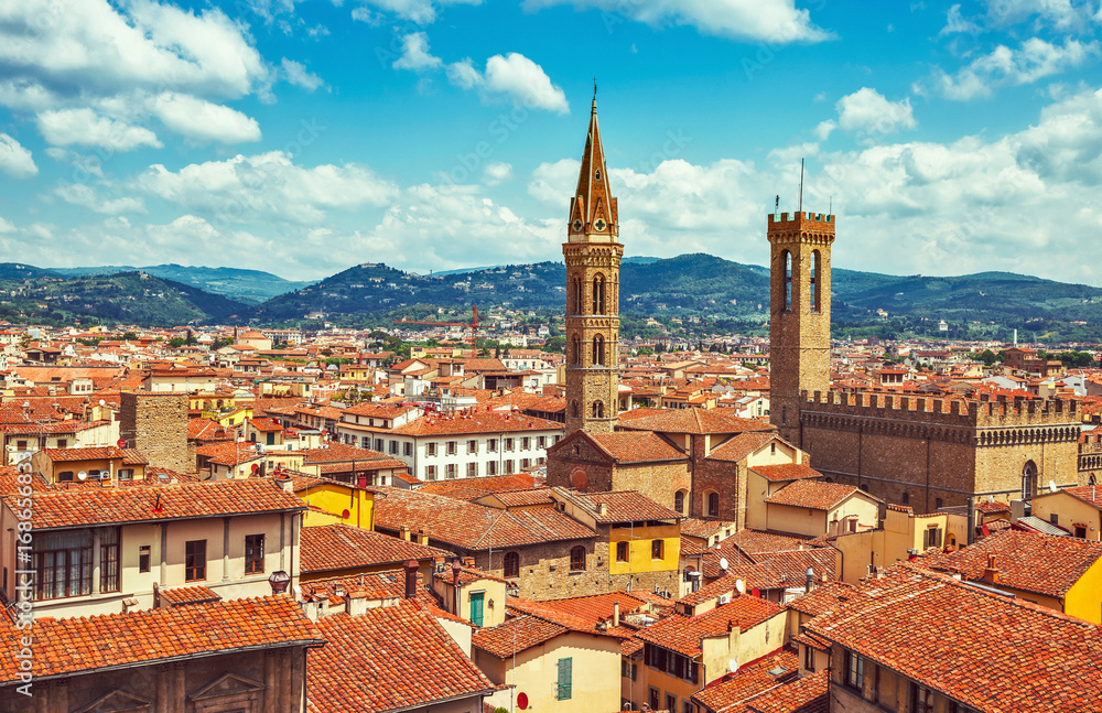 Panorama view to tiled roofs and towers of Town hall in Florence