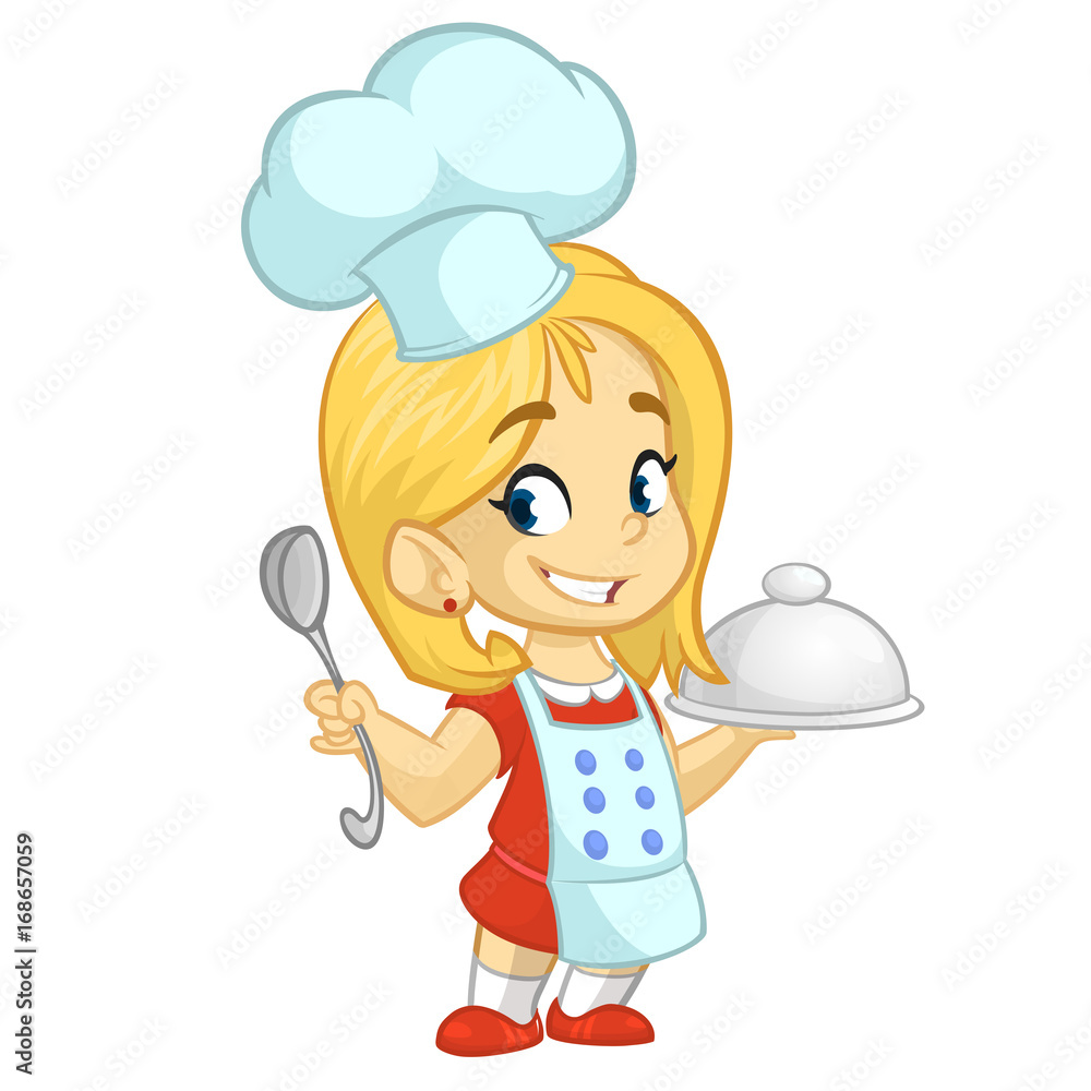 Cartoon small girl holding a tray with a dish and louche. Vector illustration of teenager girl preparing turkey and wearing upron and chef's toque. Outline Cartoon small girl holding a tray with a dish and louche. Vector illustration of teenager girl preparing turkey and wearing upron and chef's toque. Outline