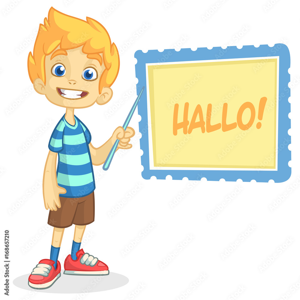 Vector illustration of blond boy in shorts and striped t-shirt. Cartoon of a young boy dressed up presenting on a board with pointer Vector illustration of blond boy in shorts and striped t-shirt. Cartoon of a young boy dressed up presenting on a board with pointer