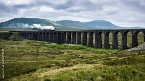 A steam train on Ribblehead Viaduct.