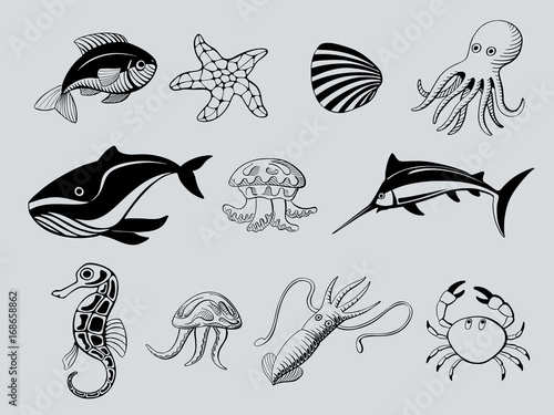 set of ink icons of aquatic animals  