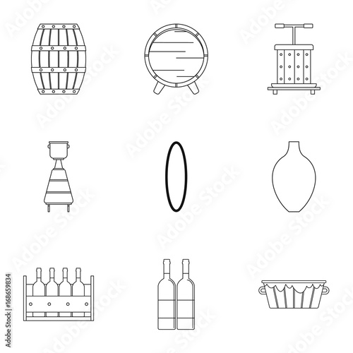 Wine production icon set, outline style