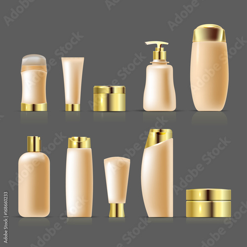 Set blank templates of empty and clean white plastic containers with gold cap bottles with spray, dispenser, cream jar, tube. Realistic mock-up of cosmetic package. Vector. Isolated on gray background