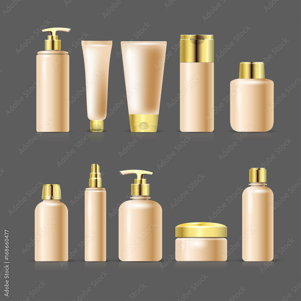 Set blank templates of empty and clean white plastic containers with gold cap bottles with spray, dispenser, cream jar, tube. Realistic mock-up of cosmetic package. Vector. Isolated on gray background Set blank templates of empty and clean white plastic containers with gold cap bottles with spray, dispenser, cream jar, tube. Realistic mock-up of cosmetic package. Vector. Isolated on gray background