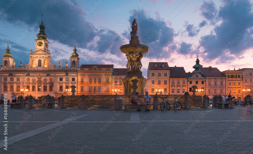 Obraz premium Premysl Otakar II.square in Ceske Budejovice in the night, Czech Republic