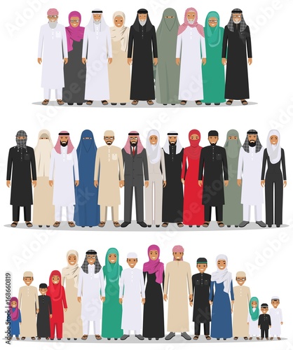 Family and social concept. Arab person generations at different ages. Group young and old muslim people standing together in different traditional islamic clothes on white background in flat style.