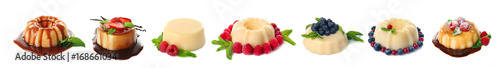 Fotografie, Tablou Set of vanilla puddings on white background