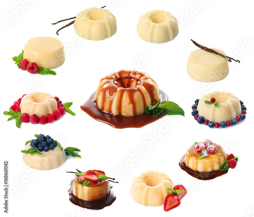 Set of vanilla puddings on white background