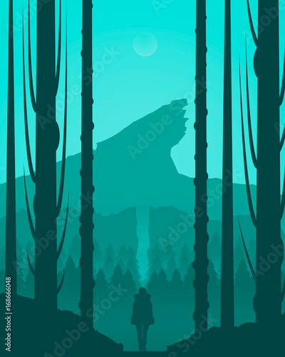 Green monochrome travel landscape through forest to mountain top