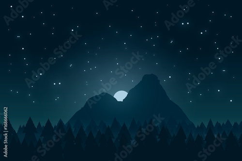 Night monochrome landscape of mountain, moon, stars and forest