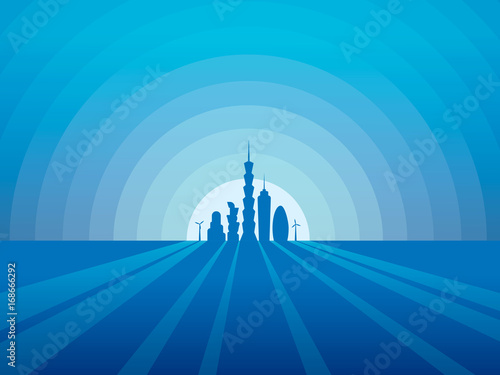 Blue monochrome future city landscape