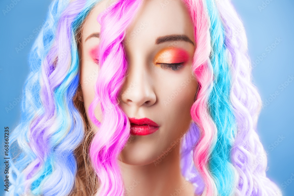 beautiful woman wearing in colorful wig