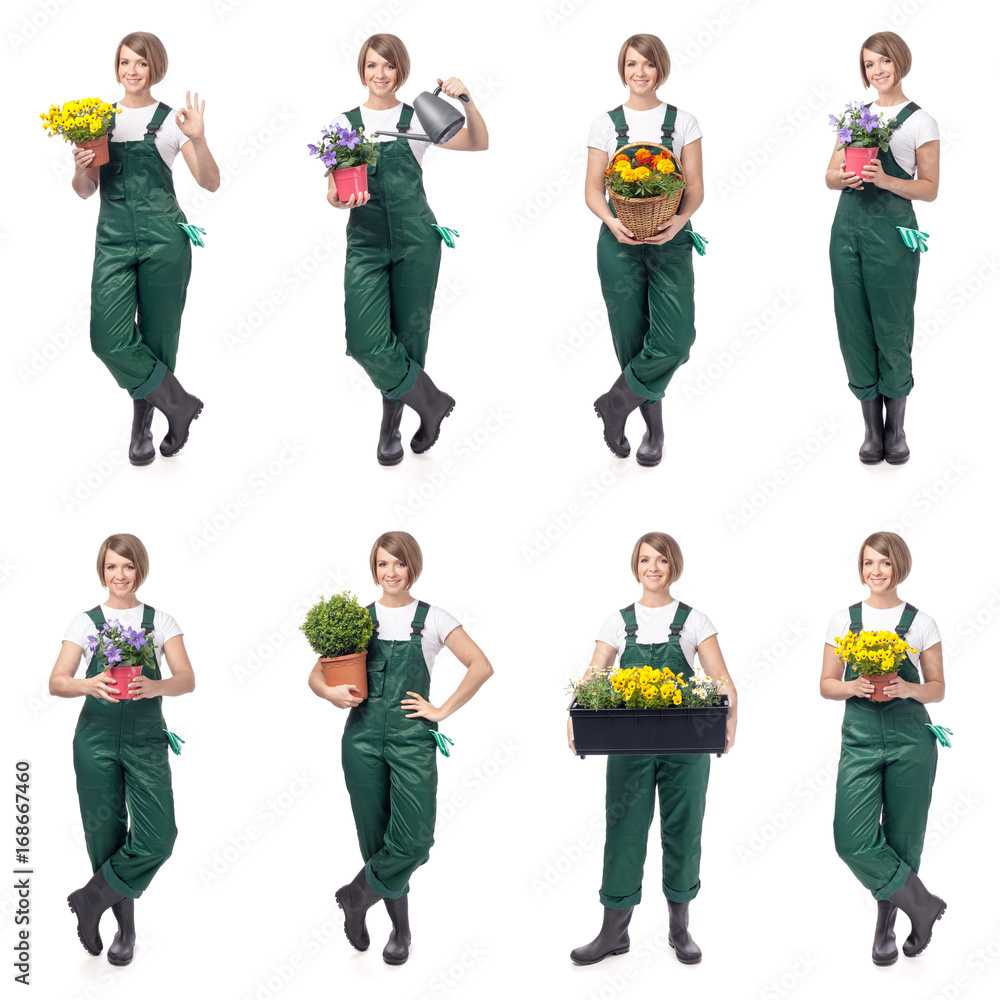 Obraz premium smiling woman professional gardener. gardening service and business concept. collage