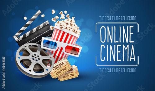 Online cinema art movie watching with popcorn, 3d glasses photo