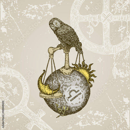 Vintage sign of zodiac. Libra. Color. Vector illustration.