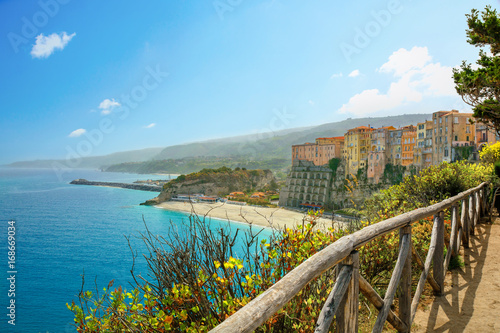 High view of Tropea town and empty beach. Calabria, Italy