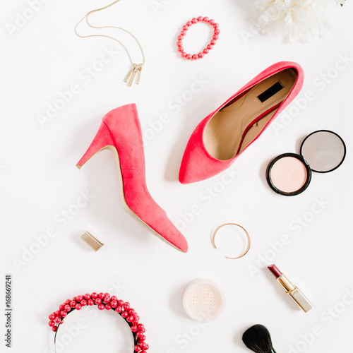 Woman fashion high heels and accessories collage on white background. Flat lay, top view feminine background.