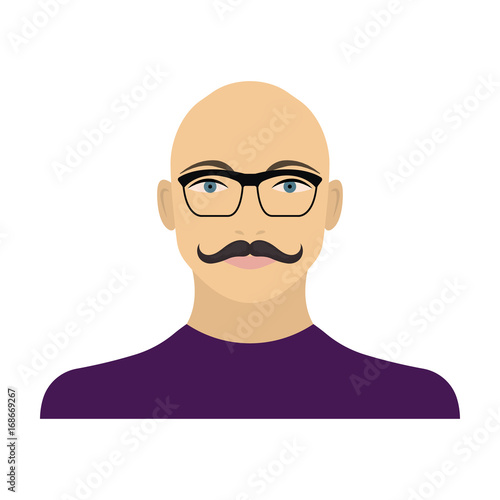 The face of a bald man with a mustache in glasses. Face and appearance single icon in cartoon style vector symbol stock illustration web.