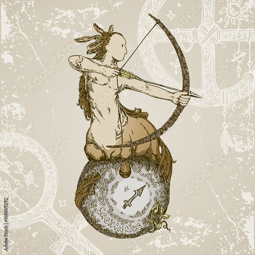 Vintage sign of zodiac. Sagittarius. Color. Vector illustration.