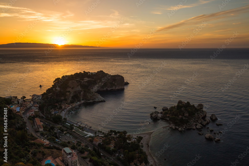 Beautiful island of Isola Bella during sunrise, Taormina, Sicily island, Italy