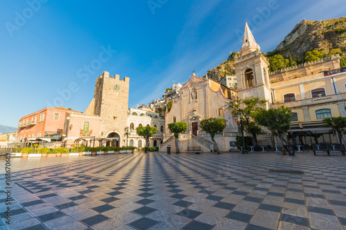 Taormina main square Piazza 9 Aprile, with San Giuseppe church and Corso Umberto street, Taormina, Sicily, Italy