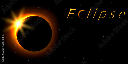 Solar eclipse card with text. Astronomical phenomenon of the closing of the shining sun by the moon. © generationclash