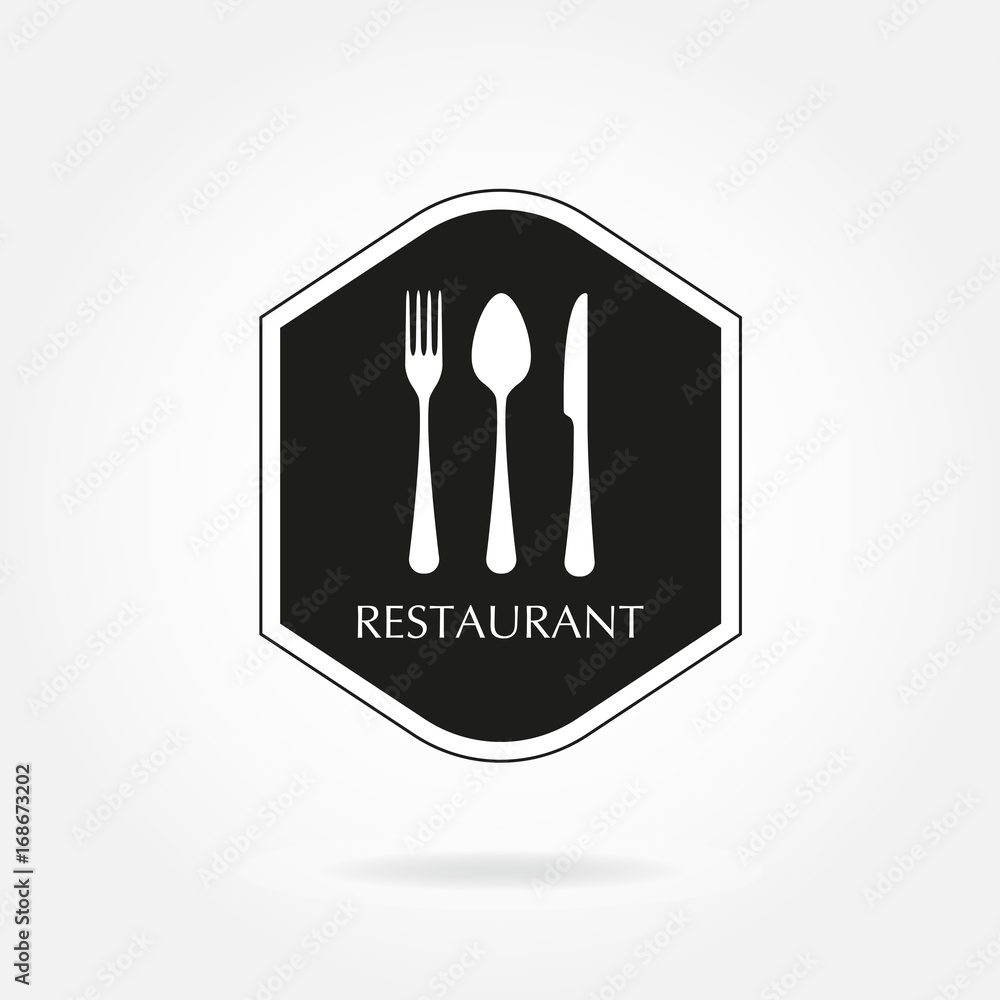 Restaurant emblem or label template with spoon, fork and knife flat icons. Kitchen utensils. Vector illustration.