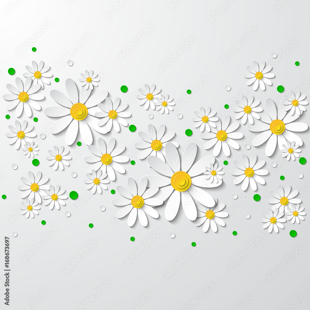 Obraz premium Floral background with 3d chamomiles and dots cutting paper isolated on white. Vector illustration