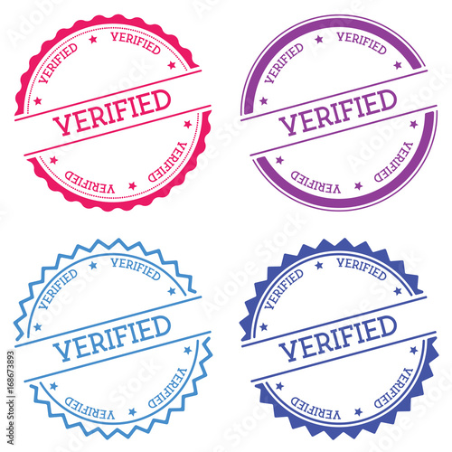 Verified badge isolated on white background. Flat style round label with text. Circular emblem vector illustration.