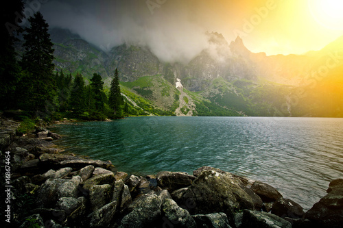 Lake in mountains.