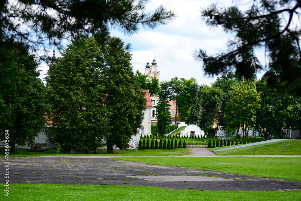 Panoramic view of large park in the center of Kaunas old town, Lithuania 