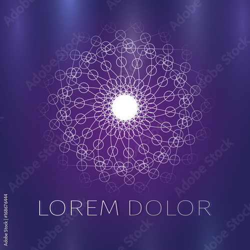 The abstract geometric flower in the Hindu style. Unusual logo of a sun or Lotus flower on a purple background